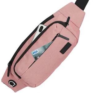 Functional pink sports chest bag showing large storage capacity for phone and credit cards