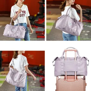 Purple travel duffel bag for gym and weekend trips with luggage sleeve feature