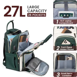 Vista dettagliata dello zaino porta PC da donna 27L con 26 tasche e grande capacità.