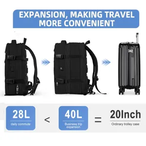 Mochila de viaje extensible que muestra expansión de 28L a 40L frente a una maleta