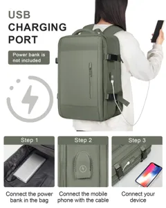 Detalle de la mochila de viaje verde oliva con pasos para el puerto de carga USB.