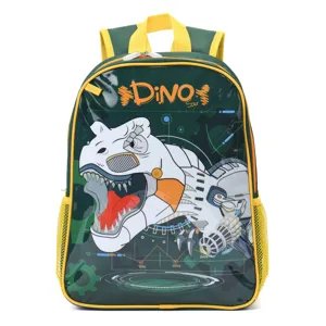 Front detail of a green cartoon robotic dinosaur backpack for primary school students