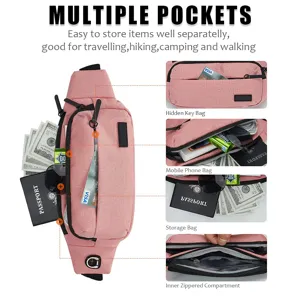 Detail view of pink sports waist bag showing multiple functional storage pockets for items