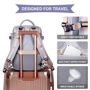 Travel backpack features including luggage strap, chest buckle, and anti-theft pocket