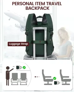 Dettaglio zaino da viaggio verde con fascia per fissaggio bagaglio e icone di volo.