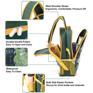 Detailed view of the ergonomic cartoon dinosaur schoolbag features and durable design