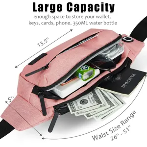 Large capacity pink fanny pack showing internal space for phone, keys and wallet.
