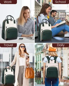 Zaino per laptop da donna mostrato in scenari di lavoro, scuola, viaggio e quotidiani.