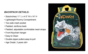 Detail view of kids' cartoon dinosaur backpack with 11x14 inch size specifications