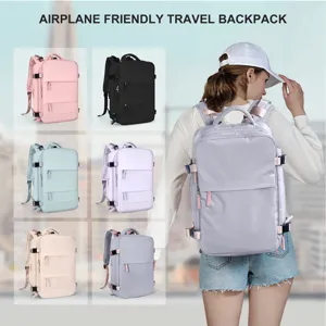 Airplane friendly travel backpack in multiple colors with lifestyle model demonstration