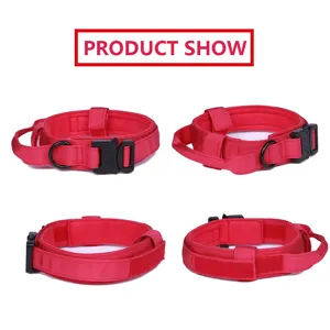 Vistas detalladas multiángulo de collar táctico ajustable de nylon rojo para perros grandes.