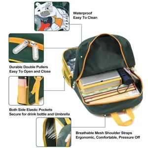 Detail view of green cartoon backpack features showing capacity and breathable mesh straps.