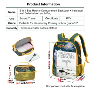Detailed size specifications for 2-in-1 dinosaur cartoon school bag and lunch box set