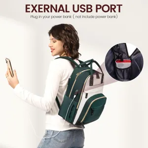 Dettaglio della porta USB esterna dello zaino verde per laptop durante la ricarica