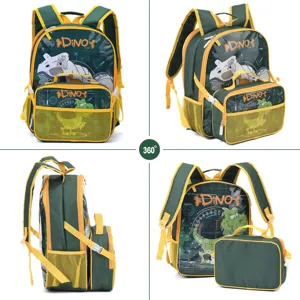 Detailed 4-way view of kids' cartoon dinosaur backpack set in green and yellow colors