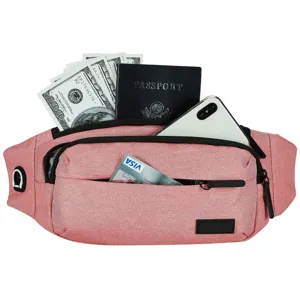Detail view of pink sports fanny pack showing storage for phone, passport and cash.