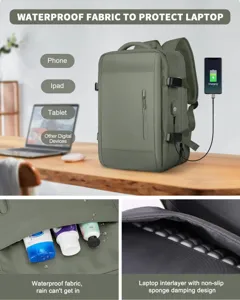 Vista detallada de mochila de viaje verde oliva con tela impermeable y diseño amortiguador.