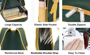 Detailed features of green school backpack with large capacity and mesh straps