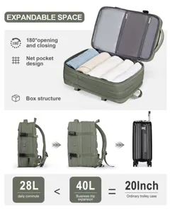 Mochila viaje expandible 28L a 40L comparada con una maleta trolley de 20 pulgadas.