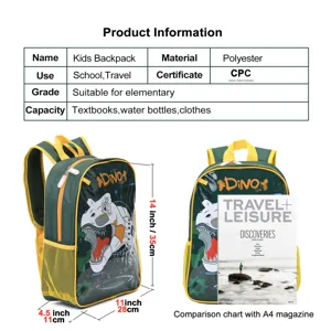 Size comparison chart for kids dinosaur cartoon backpack with full product specifications
