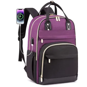 Vista dettagliata dello zaino per laptop viola e nero alla moda con porta di ricarica USB integrata