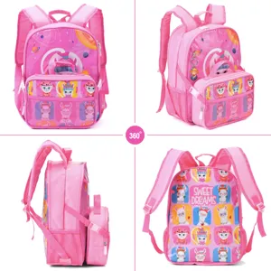 Detailed 360-degree multi-angle views of a pink cartoon llama school backpack