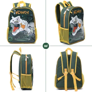Comprehensive multi-angle view of a green and yellow kids' backpack with robotic dinosaur