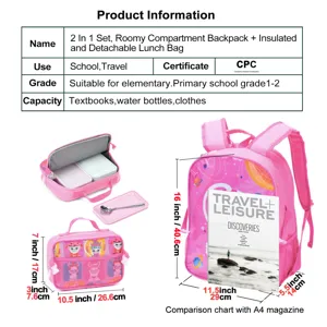 Detailed product specifications and size comparison for the kids school backpack set