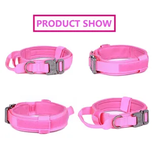 Vistas detalladas del collar táctico rosa de nailon para perro con hebilla metálica
