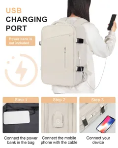 Detalle de mochila grande de viaje que muestra los pasos del puerto de carga USB.