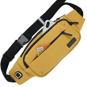 Large capacity yellow sports fanny pack with multi-functional pockets and headphone port