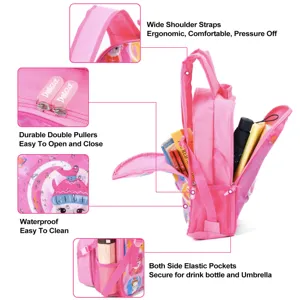 Details of pink cartoon school backpack showing straps, zippers, and side pockets