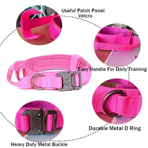 Detalle de collar táctico rosa para perro con hebilla metálica y anillo en D