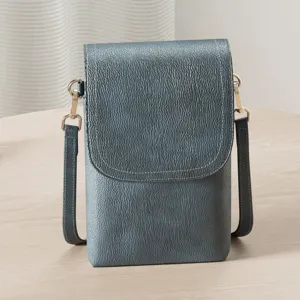 Detailed shot of a blue-grey textured PU leather crossbody phone bag for women