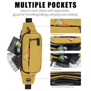 Detailed view of the yellow sports waist bag showing multiple functional storage pockets