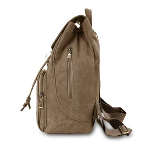 Side profile view of a vintage coffee canvas backpack featuring metal zipper details