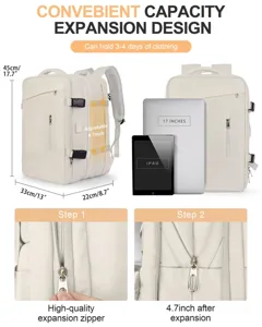 Detalles de mochila de viaje expandible con comparación de tamaño y capacidad extra.