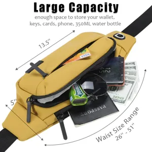 Detailed view of yellow large capacity fanny pack with measurements and storage space