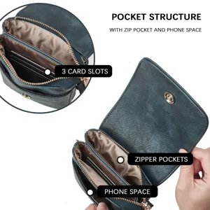 Detail view of dark teal PU leather crossbody phone bag with multiple internal pockets.