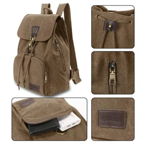 Close-up details of a brown vintage canvas backpack showing zipper and brand logo patch.