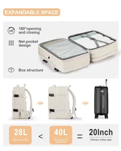 Mochila de viaje expansible de 28L a 40L con apertura de 180 grados