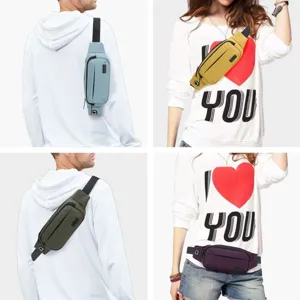 Multi-color sporty waist bags shown on models in a functional four-grid collage