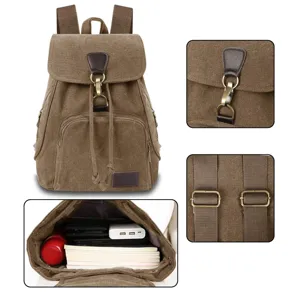 Detail view of brown vintage canvas backpack showing clasp, straps, and interior space.