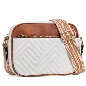 Women Vintage PU Leather Crossbody Bag Chevron Quilted Small Square Shoulder Bag With Wide Boho Strap Contrast Color Purse