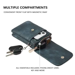 Internal compartments detail of blue PU leather phone crossbody bag with magnetic snap