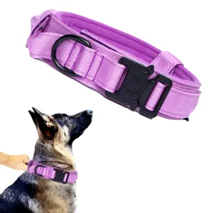 Detalle del collar táctico de nailon morado para perros con hebilla de liberación