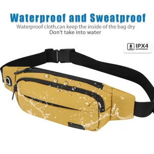 Close-up of yellow waterproof waist bag with IPX4 splash resistance details