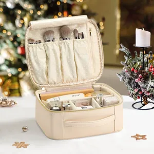 Vista interior detallada de un neceser de viaje de PU multifuncional con ranuras para pinceles