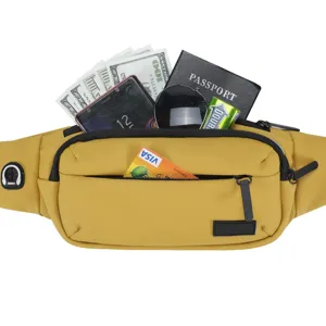 Large capacity yellow sports fanny pack showing storage for passport and smartphone