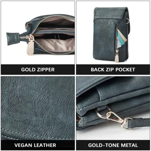 Detailed views of vegan leather texture, gold-tone hardware, and back zip pocket.
